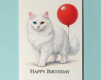 Cat Breeds Series Turkish Angora Cat Happy Birthday Card Premium quality Greeting Card Envelope Personalised Odd Eyed Cat White Breed