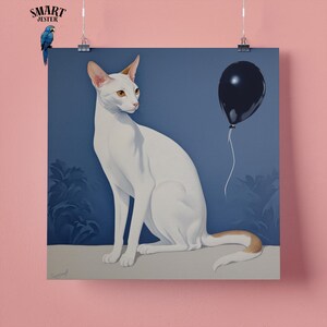 Stampa artistica da parete con ritratto di gatto orientale bianco e palloncino nero, regalo perfetto per gli amanti degli animali, 295 mm x 295 mm, carta opaca 300 g/m², senza cornice