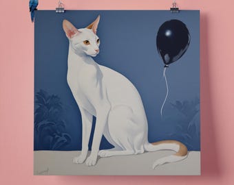 Elegant White Oriental Cat Black Balloon Pet Portrait Wall Art Print, Perfect Gift for Pet Lovers 295mm x 295mm, 300GSM Matte Paper Unframed