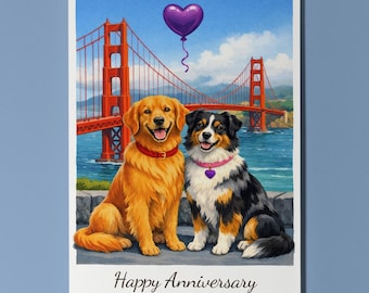 San Francisco Golden Gate Bridge Golden Retriever Australian Shepherd Dogs Happy Anniversary Card Envelope Funny Breeds Premium Personalised