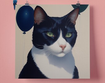 Elegant Tuxedo Cat, Blue Balloons, Pet Portrait, Wall Art Print, Perfect Gift for Pet Lovers 295mm x 295mm, 300GSM Matte Paper Unframed