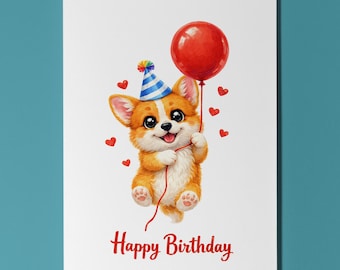 Corgi Dog Birthday Card, Balloon Puppy Gift, Cute Personalised Dog Lover Gift