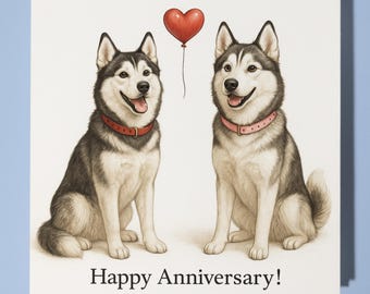 Husky Dogs - Happy Anniversary Card  Funny Animal - Premium Greeting Card & Envelope - Personalised Dog card - Husband Wife Boyfriend