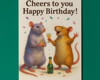 Two happy rats Tiny Toasts & Birthday Wishes - Cheers to you Happy Birthday Card - Funny Animal Premium Greeting Card Envelope Personalised