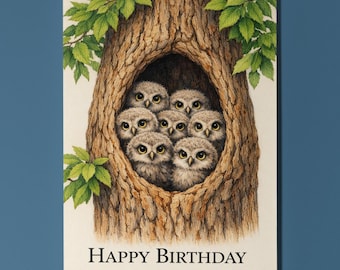 Animal Hugs Series Owls: The Birthday Nest Happy Birthday Card Premium quality Greeting Card  and Envelope Personalised Bird Lover Cute
