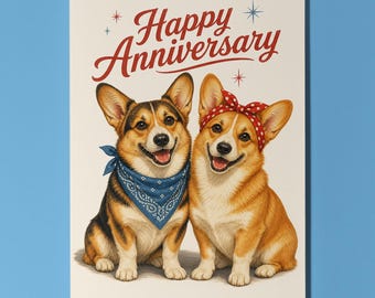 Tricolour Red Corgi  Anniversary Card, Retro Dog Couple Greeting Card, Personalised Vintage Pin Up