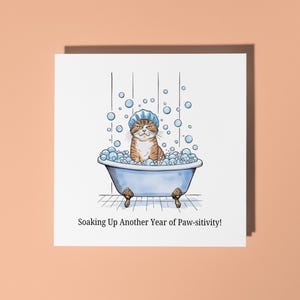 Handmade Funny Cat in the Bath Happy Birthday Card  Funny Animal Card Animal Lovers Premium Greeting Card With White Envelope