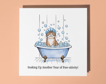 Handmade Funny Cat in the Bath Happy Birthday Card  Funny Animal Card Animal Lovers Premium Greeting Card With White Envelope