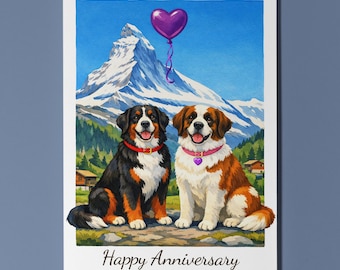 Switzerland Matterhorn - Bernese Mountain and Saint Bernard Dogs Happy Anniversary Card Envelope Funny Breeds Premium Personalised - Couples