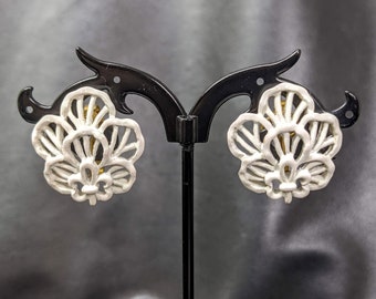 Lovely Vintage White Enamel lace design Clip on Earrings by Trifari Jewellery