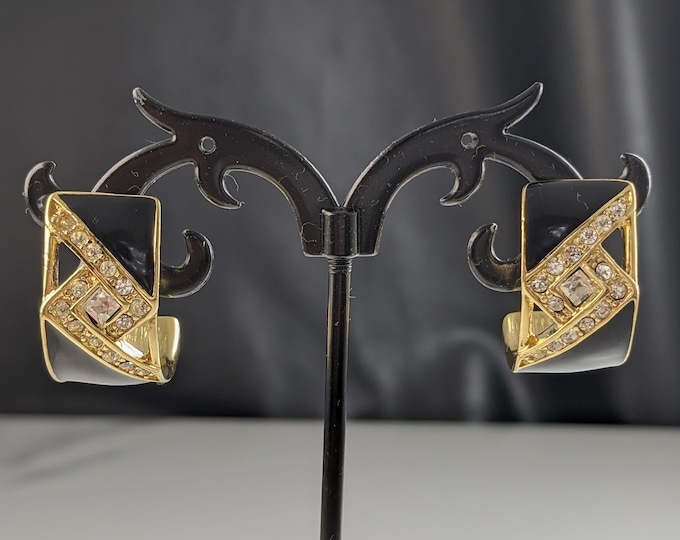 Lovely Vintage Rhinestone  Black Enamel Studs Earrings by Trifari Jewellery