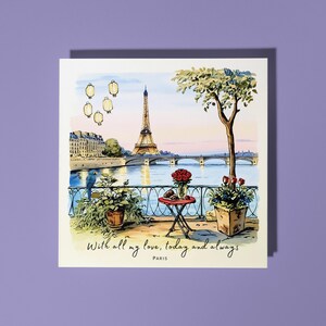 Handgemaakte rivier de Seine in de schemering, met de Eiffeltoren - With all my love, today and always Love kaart Premium wenskaart met envelop