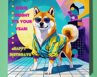 Shiba Inu dog - Happy Birthday Card - Funny Animal - Premium Greeting Card & Envelope - Personalised Dog card - 80s card - Son Sister Friend