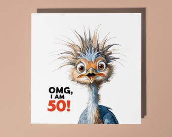 Handmade Funny surprised heron - OMG, I am 50! Happy Birthday Card Funny Animal Card Animal Lovers Premium Greeting Card & Envelope