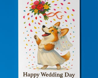 Dog Breeds Collection - Bouquet bliss - Corgi Dog Happy Wedding Day Card - Funny Animal -Premium Greeting Card Envelope - Personalised card