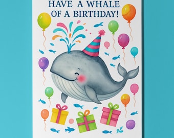 Whale Birthday Joy - Have a whale of a birthday! Card Funny Animals Premium Greeting Card and Envelope Personalised - Friends Family members