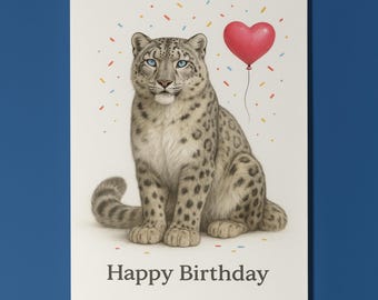 Wild Cats Party Collection - Snow Leopard - Happy Birthday Card - Funny Animal - Premium Greeting Card Envelope - Personalised card - Friend