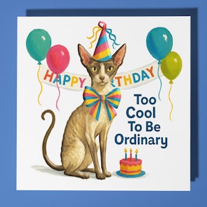Chat rex de Cornouailles - carte de joyeux anniversaire - enveloppe de carte de voeux premium animal drôle carte chat personnalisée - soeur fille amie maman