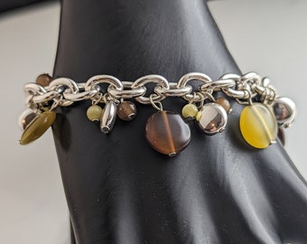 Lovely Vintage Jewellery Silvertone Yellow Brown Cat eye Crystals Charm Bracelet