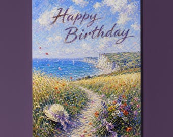 Monet Inspired Personalised Birthday Card, Pourville Coastal Path Impressionist Art Gift