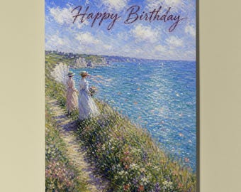Monet Inspired Personalised Birthday Card, Pourville Coastal Walk Impressionist Art Gift