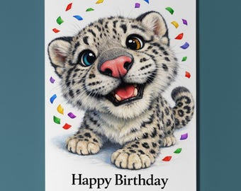 Wild Cats Party Collection Snow Leopard Cub: Happy Moment Happy Birthday Card Funny Animal Premium Greeting Card Envelope Personalised card