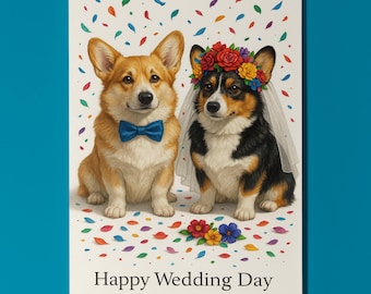 Dog Breeds Collection -  Corgi Dogs - Happy Wedding Day Card - Funny Animal - Premium Greeting Card & Envelope - Personalised card - Couples