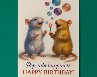 Two rats - Pop into happiness - Happy Birthday! Card - Funny Animal - Matte Greeting Card and Envelope - Personalised - Friends Family