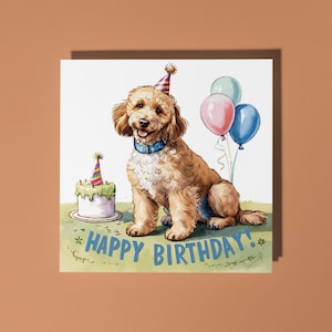Race de chien Labradoodle mignon fait main avec gâteau Carte de joyeux anniversaire Carte d'animal drôle Carte de voeux et enveloppe premium pour amoureux des animaux
