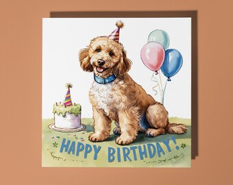 Handmade Cute Labradoodle dog breed With Cake Happy Birthday Card Funny Animal Card Animal Lovers Premium Greeting Card & Envelope
