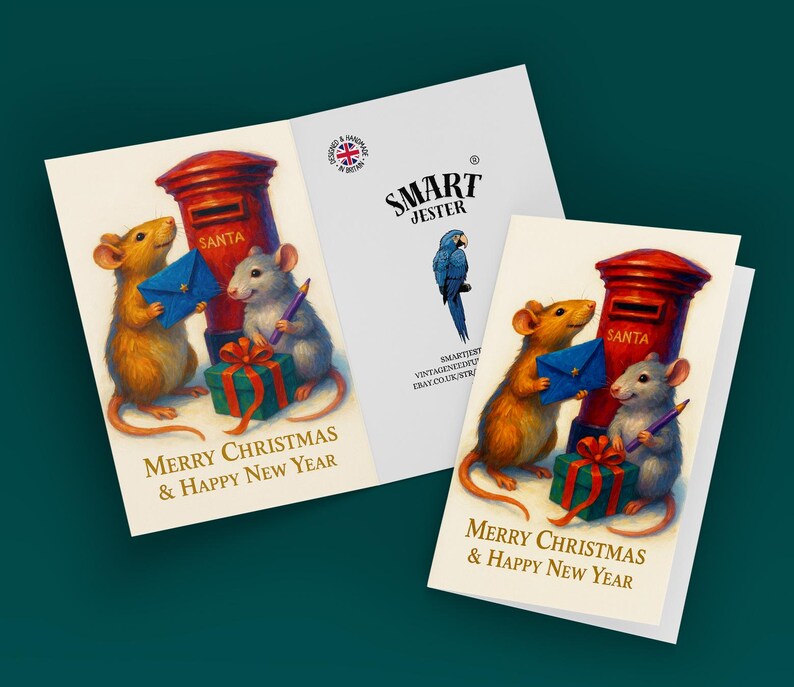 Puede incluir: Tarjetas de felicitaci&oacute;n navide&ntilde;as con ilustraciones de ratones, un buz&oacute;n rojo y un regalo envuelto. Las tarjetas muestran el texto "Merry Christmas & Happy New Year" y el logotipo de Smart Jester.