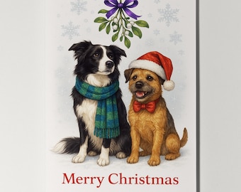 Border Collie & Border Terrier Dogs Under the Mistletoe - Merry Christmas Card - Funny Dog Premium Greeting Card and Envelope - Personalised