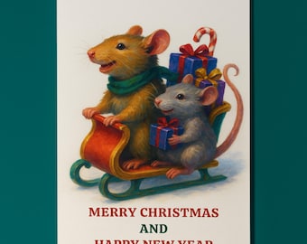 Two rats - Delivering Cheer - Merry Christmas & Happy New Year Card - Funny animals - Premium Greeting Card and Envelope - Personalised card