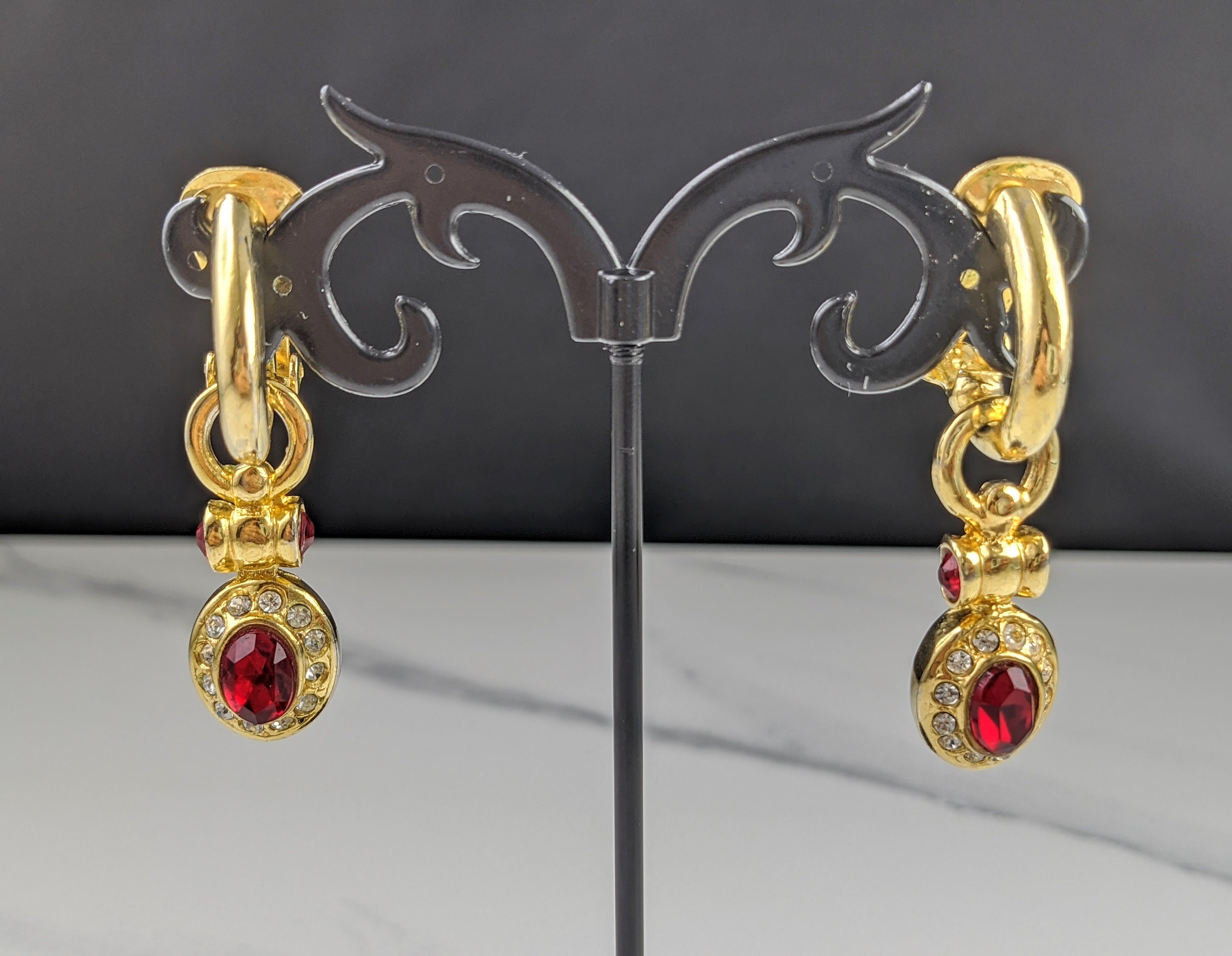 Vintage Ribbon Style Diamond & Ruby Earrings 14K Yellow Gold