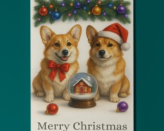 Corgi Dogs Duo - Cozy Nose and Snow Globe - Merry Christmas Card - Funny Dogs - Dog Breeds - Premium Greeting Card & Envelope Personalised