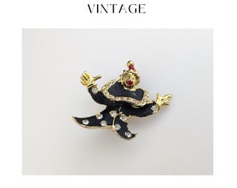 Vintage Playful Jewellery Gold-Tone Clown Brooch Black Enamel Rhinestones