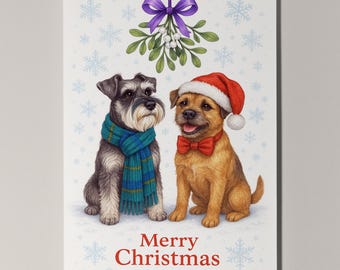 Schnauzer & Border Terrier Dogs Under the Mistletoe Christmas Card - Funny Dog - Premium Greeting Card and Envelope Personalised - Friends