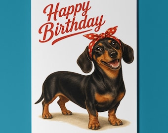 Dachshund Birthday Card, Sausage Dog Pin Up Card, Personalised Vintage Greeting Card