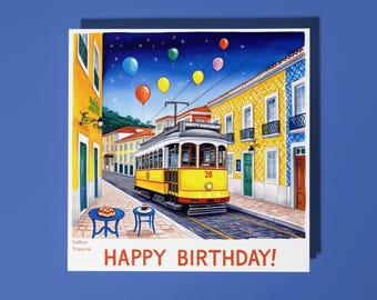 Handmade Portugal Lisbon Tram 28 climbing the hills  Happy Birthday Card  Premium Greeting Card and Envelope