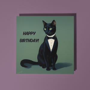 Gato de smoking elegante feito à mão em um fraque - Cartão de feliz aniversário Cartão engraçado de animal Amantes de animais Cartão de felicitações premium e envelope