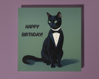 Handmade Elegant tuxedo cat in a tailcoat  - Happy Birthday Card Funny Animal Card Animal Lovers Premium Greeting Card & Envelope