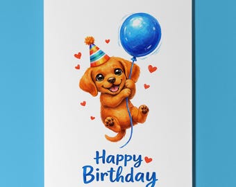 Vizsla Dog Birthday Card, Flying Balloon Puppy, Blank Interior Greeting