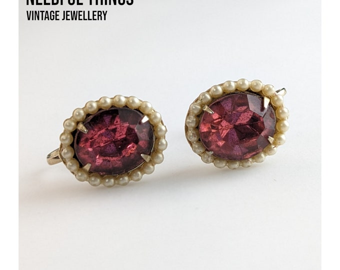 Elegant Vintage Coro Jewellery Earrings Faux Amethyst Pearl Accents 1940