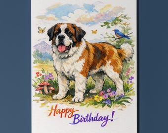Saint Bernard: Alpine Meadow Greet Happy Birthday Card Funny Animal Premium Greeting Card Envelope Personalised Dog Breeds pet portrait