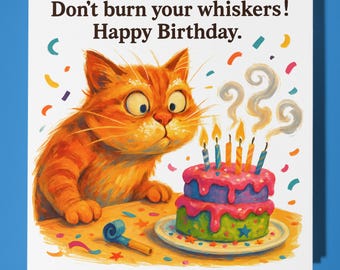 Fine Art Funnies Collection - Cat with cake - Happy Birthday Card - Premium Greeting Card Envelope - Personalised card - Friend Family