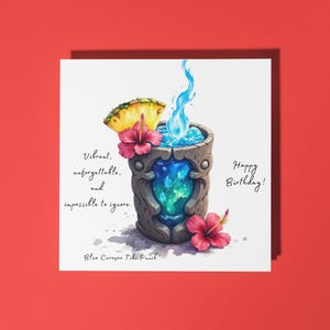 Cocktail fatto a mano Blue Curaçao Tiki Punch - Biglietto di auguri di buon compleanno per amanti degli animali, biglietto di auguri premium e busta
