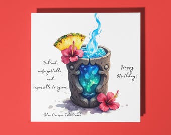 Handmade Blue Curaçao Tiki Punch cocktail -  Happy Birthday Card Animal Lovers Premium Greeting Card & Envelope