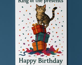 Confetti King Cat - King of the Presents Happy Birthday Card Funny Animals Premium Greeting Card and Envelope Personalised - Friends Family