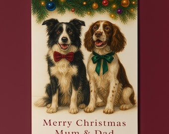 Border Collie and Spaniel Dogs Duo - Merry Christmas Mum & Dad Card - Funny Dogs - Dog Breeds Premium Greeting Card Envelope - Personalised