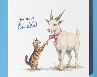 Cute cat and goat- Love Card - Funny Animal Card -  Premium Greeting Card & Envelope - Personalised card - wife husband boyfriend girlfriend
